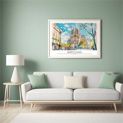 Immerse yourself in the vibrant cityscape of Barcelona with this captivating artwork, featuring the for Hall