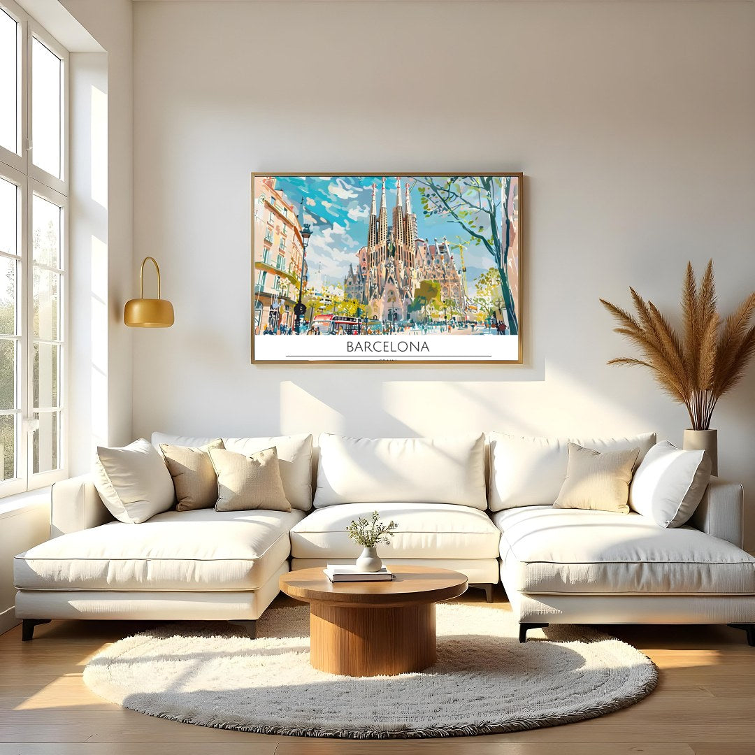 Immerse yourself in the vibrant cityscape of Barcelona with this captivating artwork, featuring the for Living Room