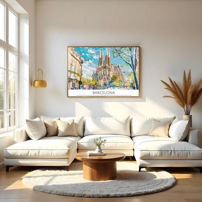 Immerse yourself in the vibrant cityscape of Barcelona with this captivating artwork, featuring the for Living Room