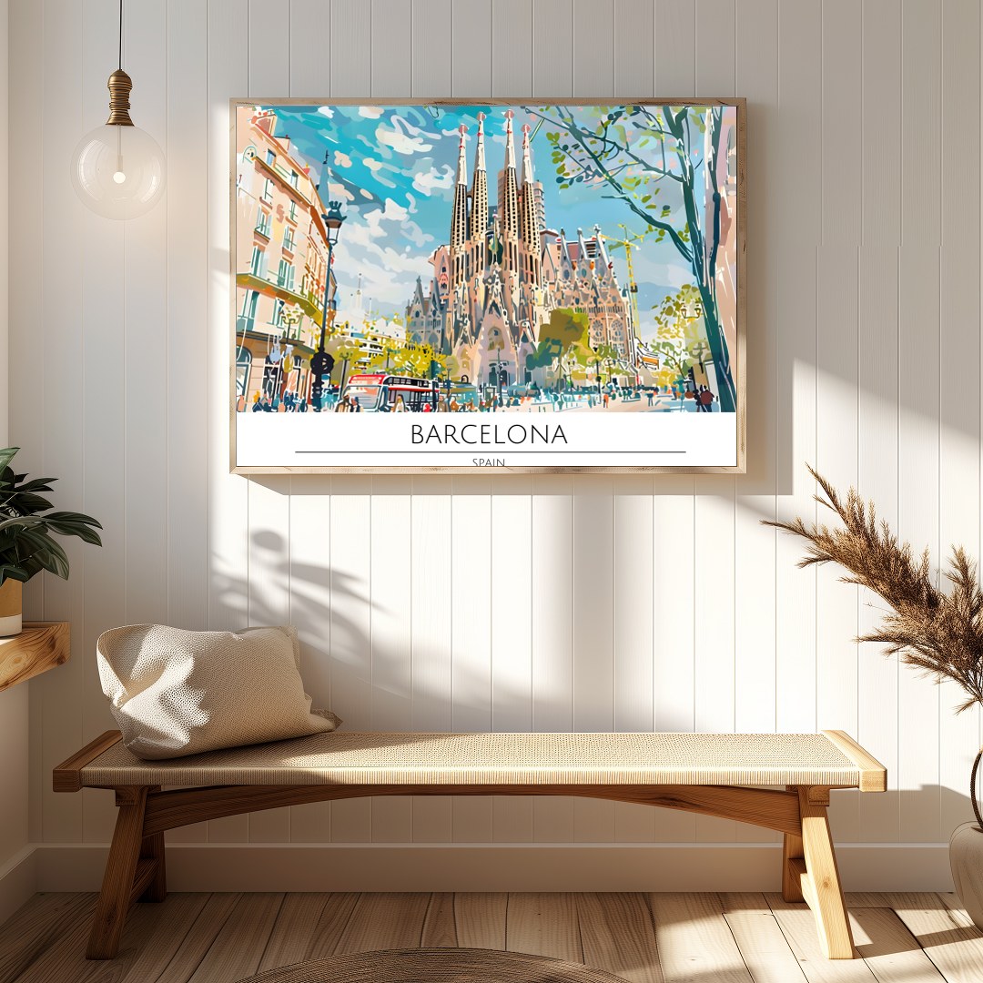 Immerse yourself in the vibrant cityscape of Barcelona with this captivating artwork, featuring the for Hallway