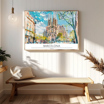 Immerse yourself in the vibrant cityscape of Barcelona with this captivating artwork, featuring the for Hallway