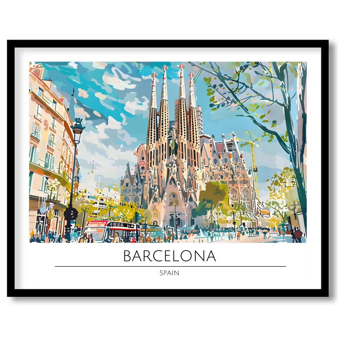 Immerse yourself in the vibrant cityscape of Barcelona with this captivating artwork, featuring the for studio