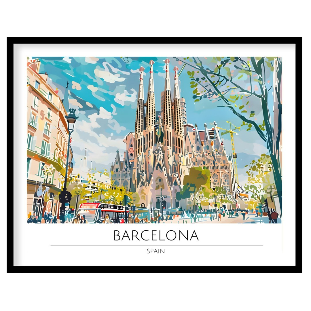 Immerse yourself in the vibrant cityscape of Barcelona with this captivating artwork, featuring the for studio