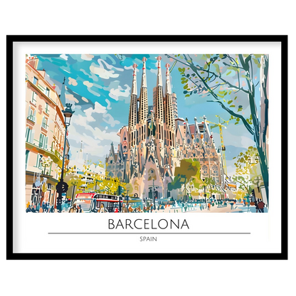 Immerse yourself in the vibrant cityscape of Barcelona with this captivating artwork, featuring the for studio