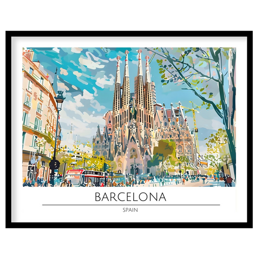 Immerse yourself in the vibrant cityscape of Barcelona with this captivating artwork, featuring the for studio