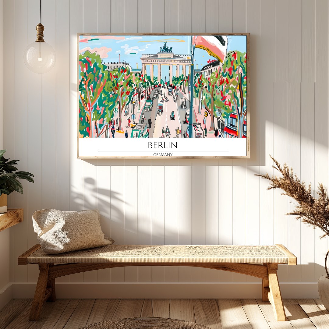 Capture the lively essence of Berlin with this vibrant street scene artwork. Featuring bold, for Hallway