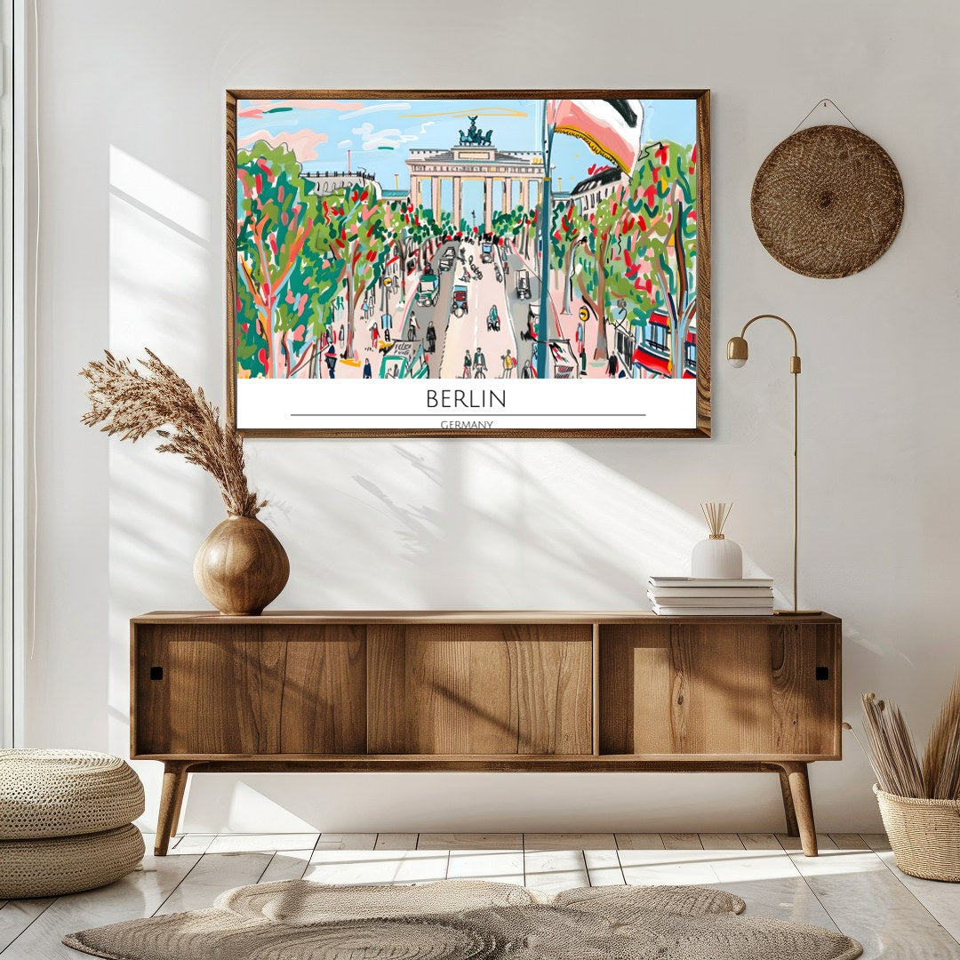 Capture the lively essence of Berlin with this vibrant street scene artwork. Featuring bold, for Sitting Area
