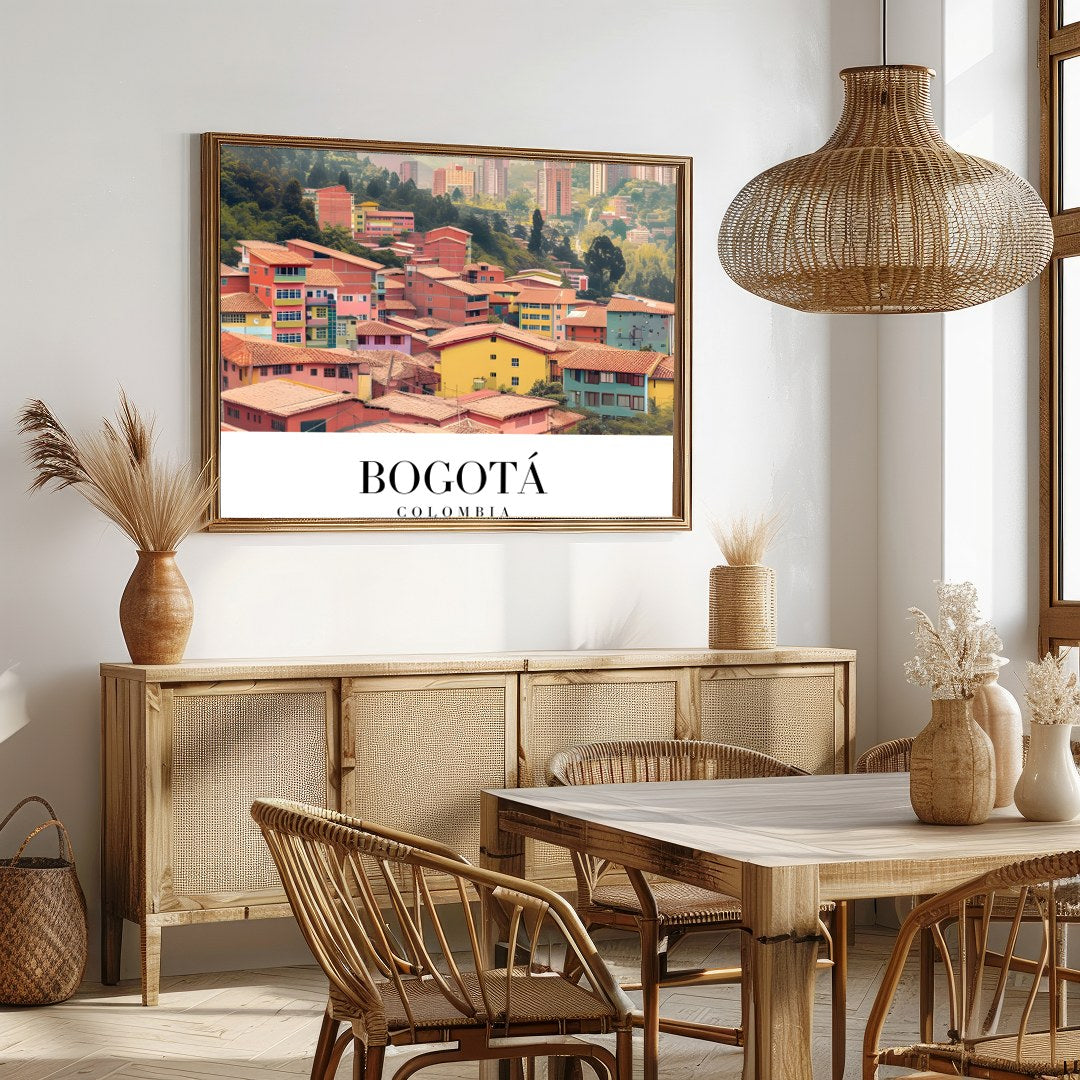 Capture the essence of Bogotá with this stunning art print showcasing a colorful cityscape against for Dining