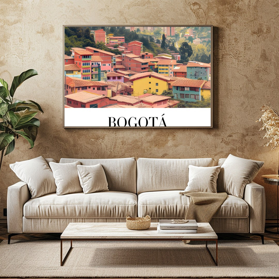 Capture the essence of Bogotá with this stunning art print showcasing a colorful cityscape against for Family Room