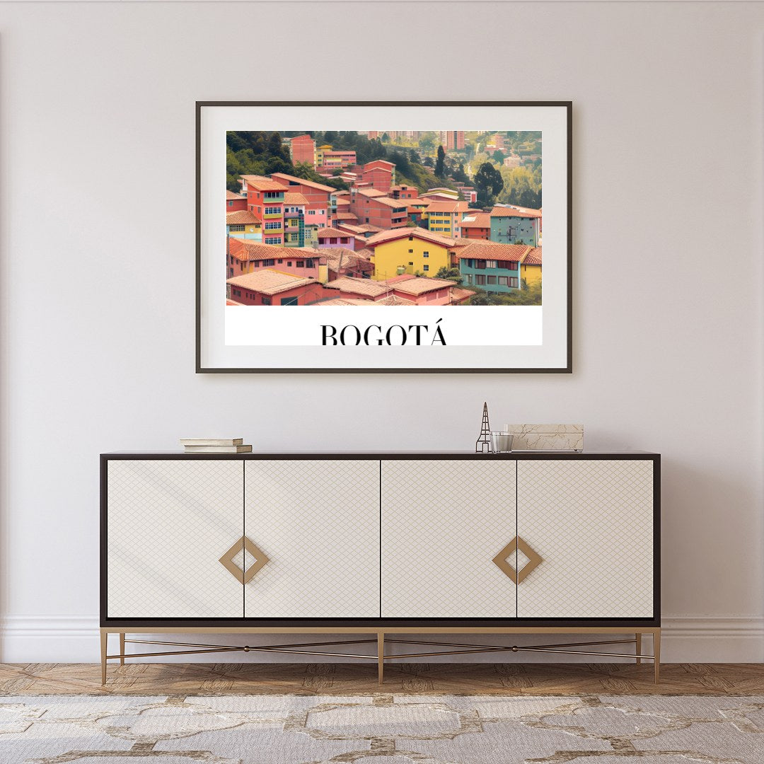 Capture the essence of Bogotá with this stunning art print showcasing a colorful cityscape against for Foyer