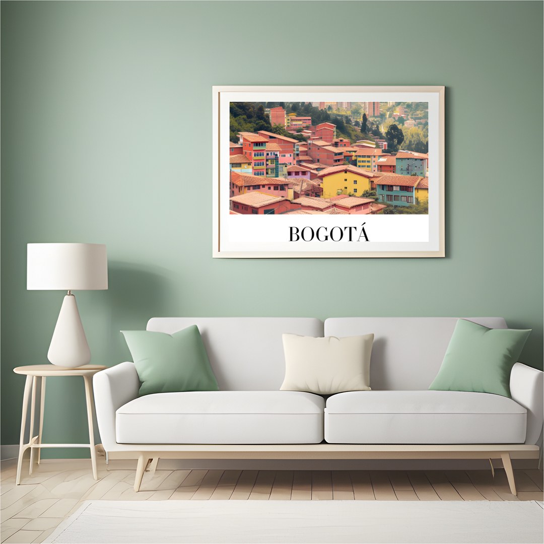 Capture the essence of Bogotá with this stunning art print showcasing a colorful cityscape against for Hall