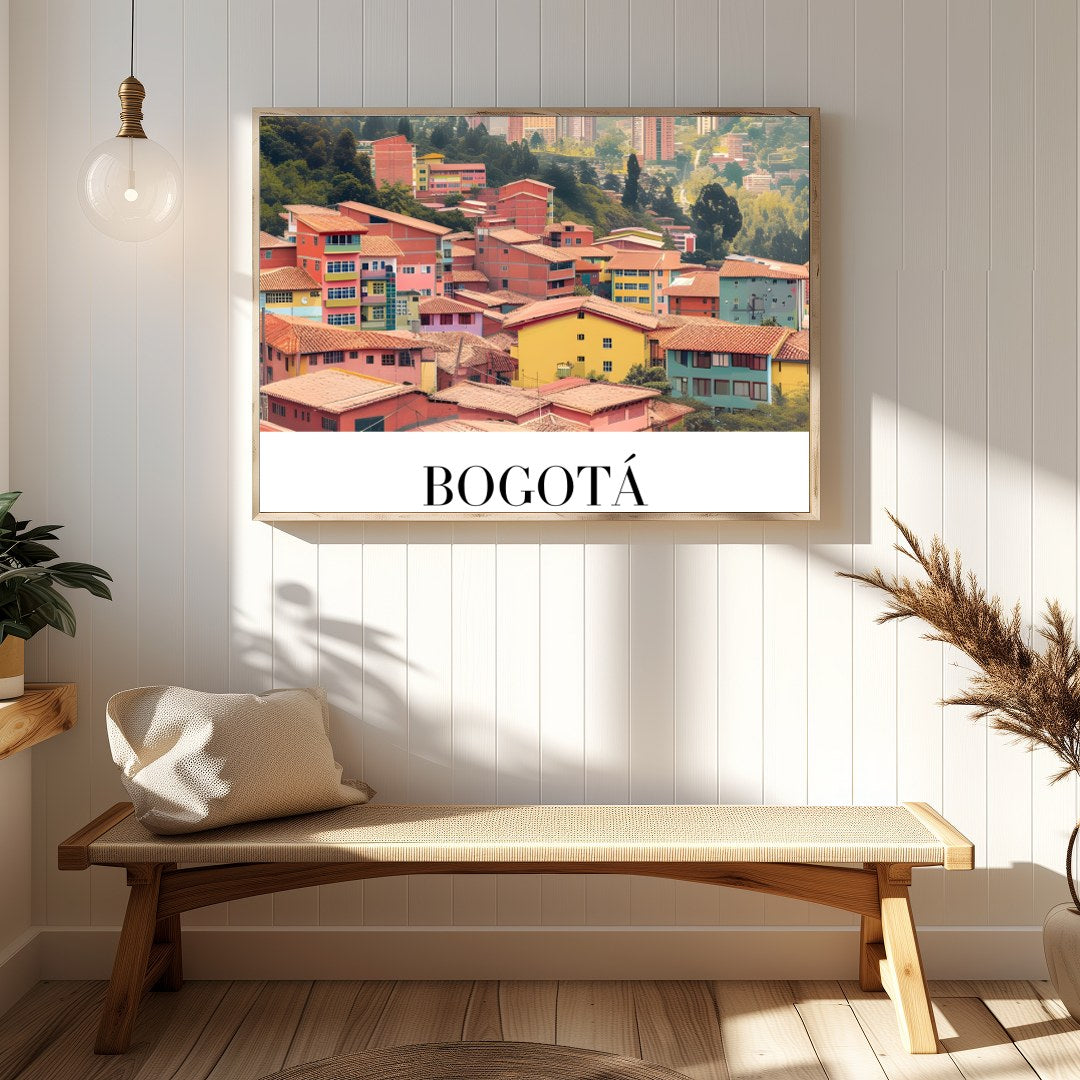 Capture the essence of Bogotá with this stunning art print showcasing a colorful cityscape against for Hallway