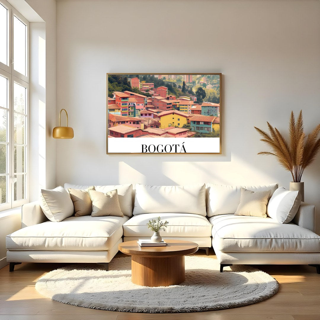 Capture the essence of Bogotá with this stunning art print showcasing a colorful cityscape against for Living Room