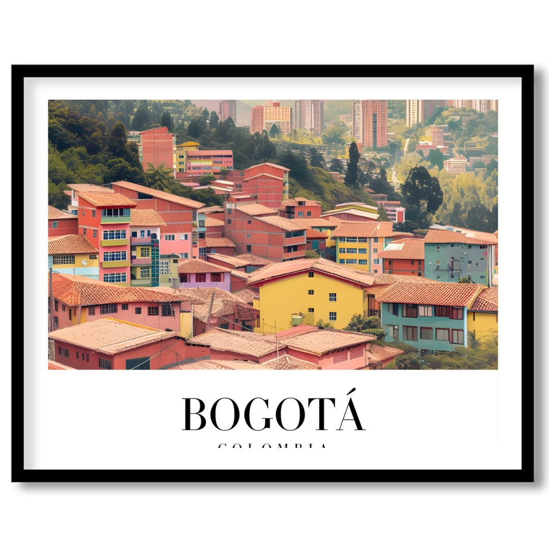 Capture the essence of Bogotá with this stunning art print showcasing a colorful cityscape against for space