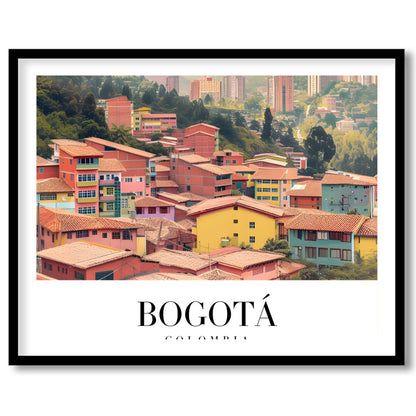 Capture the essence of Bogotá with this stunning art print showcasing a colorful cityscape against for space