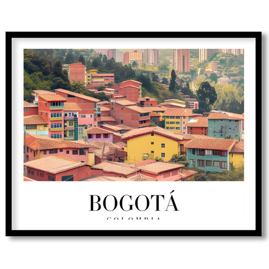 Capture the essence of Bogotá with this stunning art print showcasing a colorful cityscape against for space
