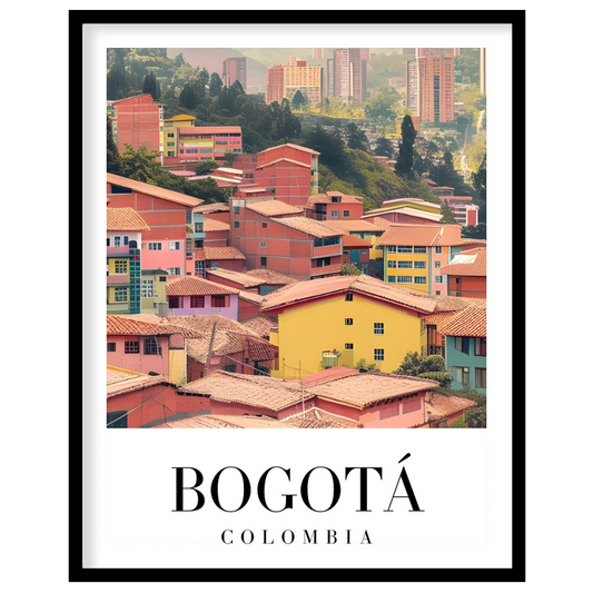 Capture the essence of Bogotá with this stunning art print showcasing a colorful cityscape against for space