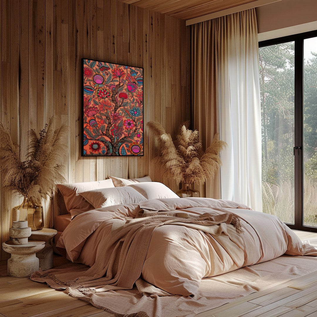 Immerse yourself in a vivid world with this intricate piece of wall art. Featuring elaborate floral for Bedroom