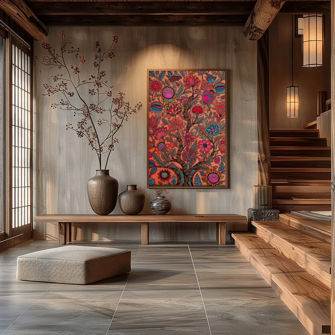 Immerse yourself in a vivid world with this intricate piece of wall art. Featuring elaborate floral for Hall