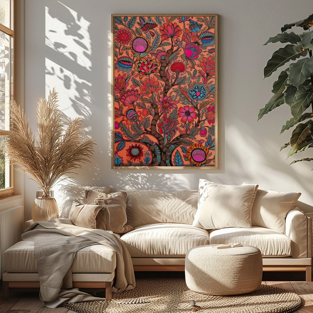 Immerse yourself in a vivid world with this intricate piece of wall art. Featuring elaborate floral for Sitting Area