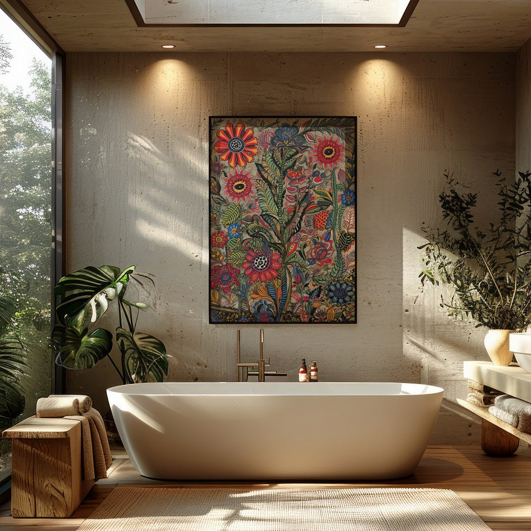 Immerse yourself in the lively intricacy of 'Vibrant Botanical Fantasy,' a stunning piece that for Bathroom