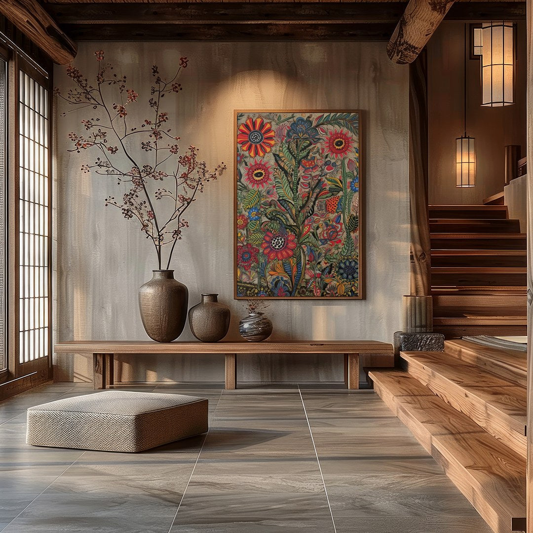 Immerse yourself in the lively intricacy of 'Vibrant Botanical Fantasy,' a stunning piece that for Hall