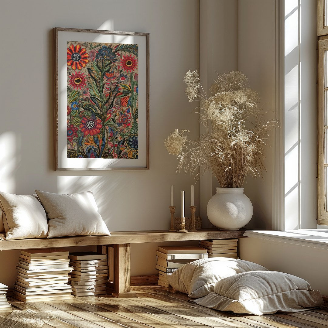 Immerse yourself in the lively intricacy of 'Vibrant Botanical Fantasy,' a stunning piece that for space