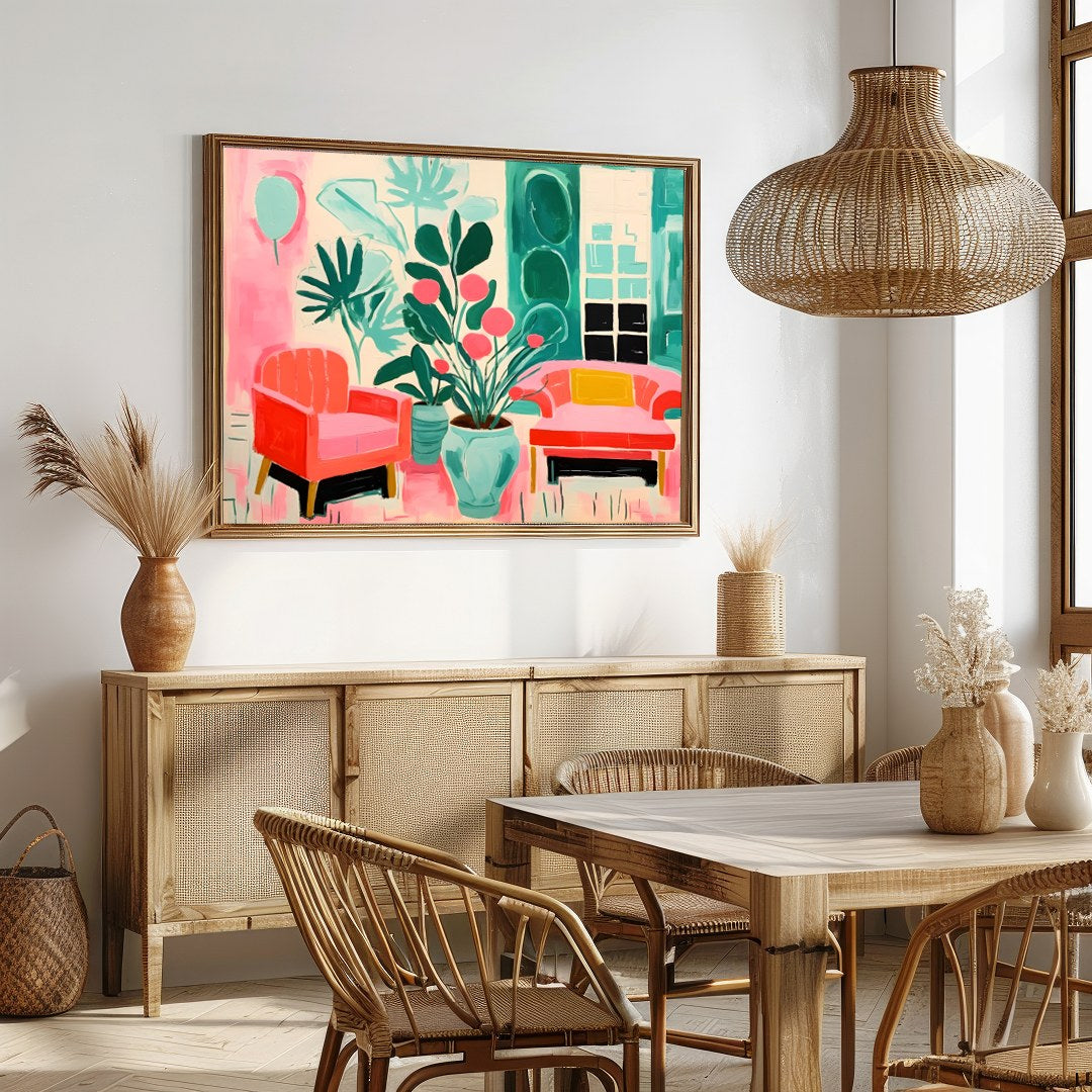 Immerse your space in vibrance with this striking piece featuring lush greenery and cozy seating for Dining