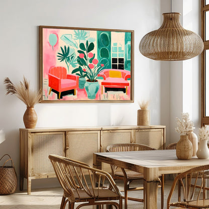 Immerse your space in vibrance with this striking piece featuring lush greenery and cozy seating for Dining