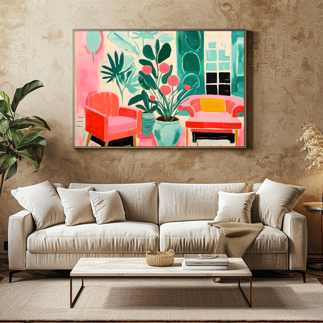 Immerse your space in vibrance with this striking piece featuring lush greenery and cozy seating for Family Room