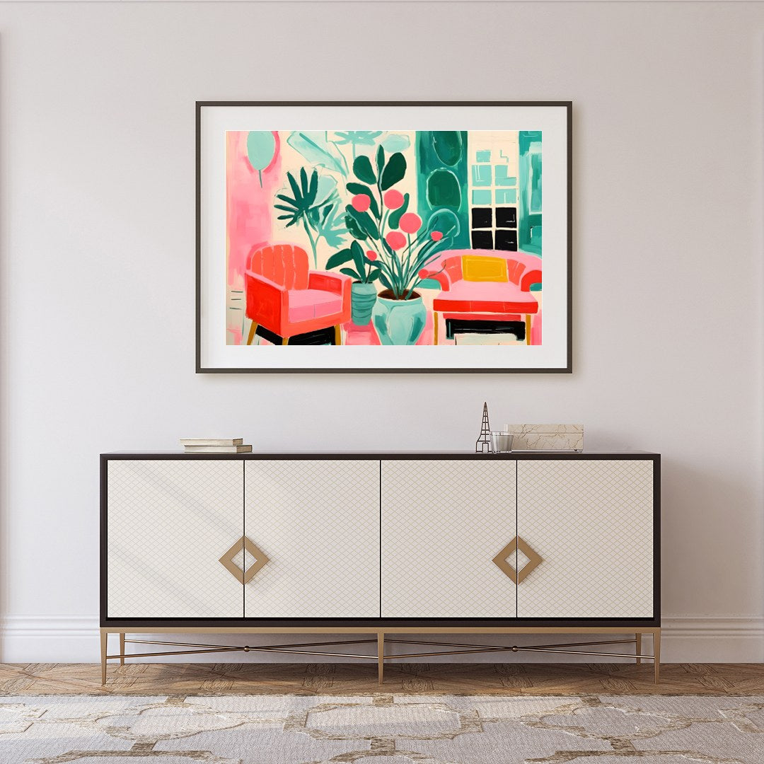 Immerse your space in vibrance with this striking piece featuring lush greenery and cozy seating for Foyer
