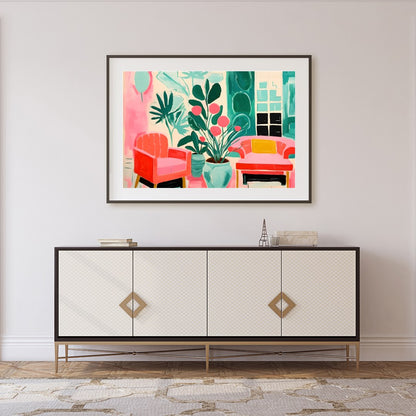 Immerse your space in vibrance with this striking piece featuring lush greenery and cozy seating for Foyer