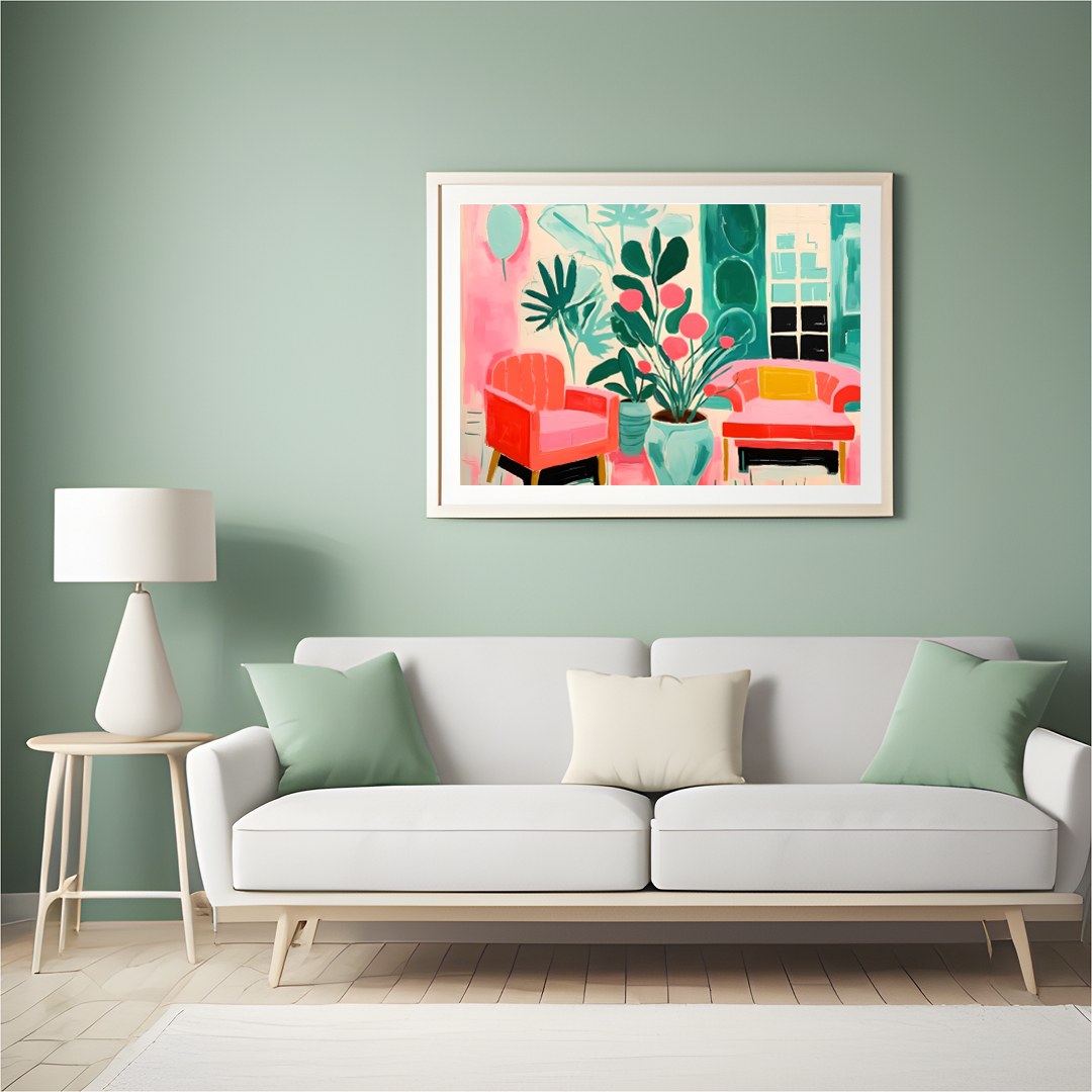 Immerse your space in vibrance with this striking piece featuring lush greenery and cozy seating for Hall