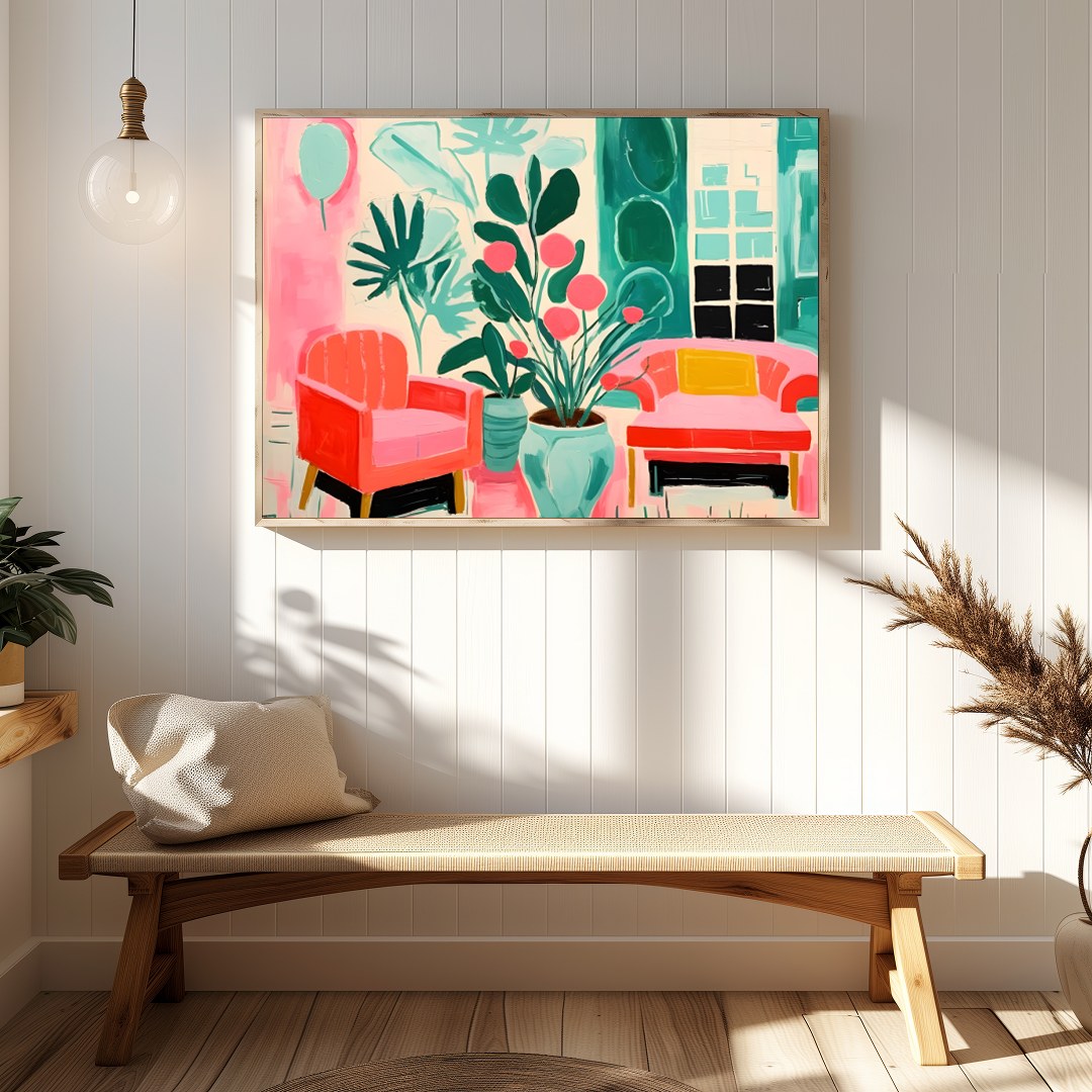 Immerse your space in vibrance with this striking piece featuring lush greenery and cozy seating for Hallway