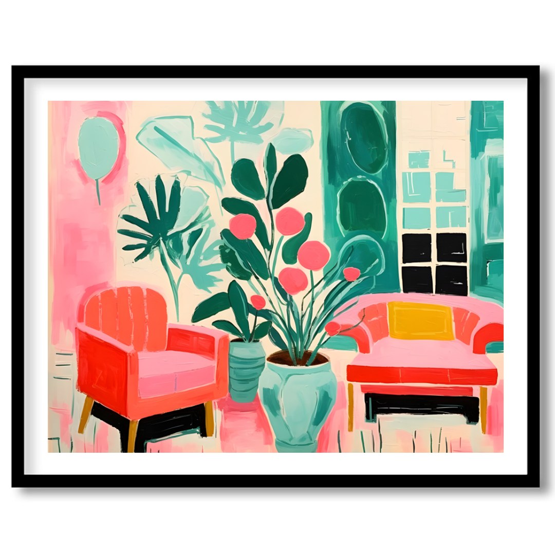 Immerse your space in vibrance with this striking piece featuring lush greenery and cozy seating for home