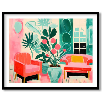 Immerse your space in vibrance with this striking piece featuring lush greenery and cozy seating for home