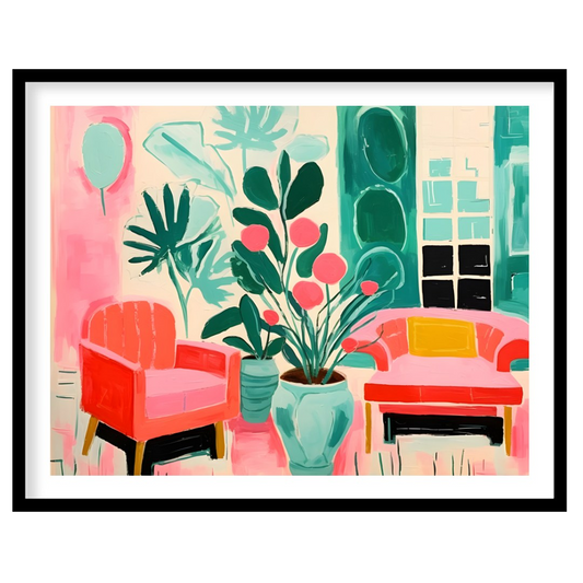 Immerse your space in vibrance with this striking piece featuring lush greenery and cozy seating for home