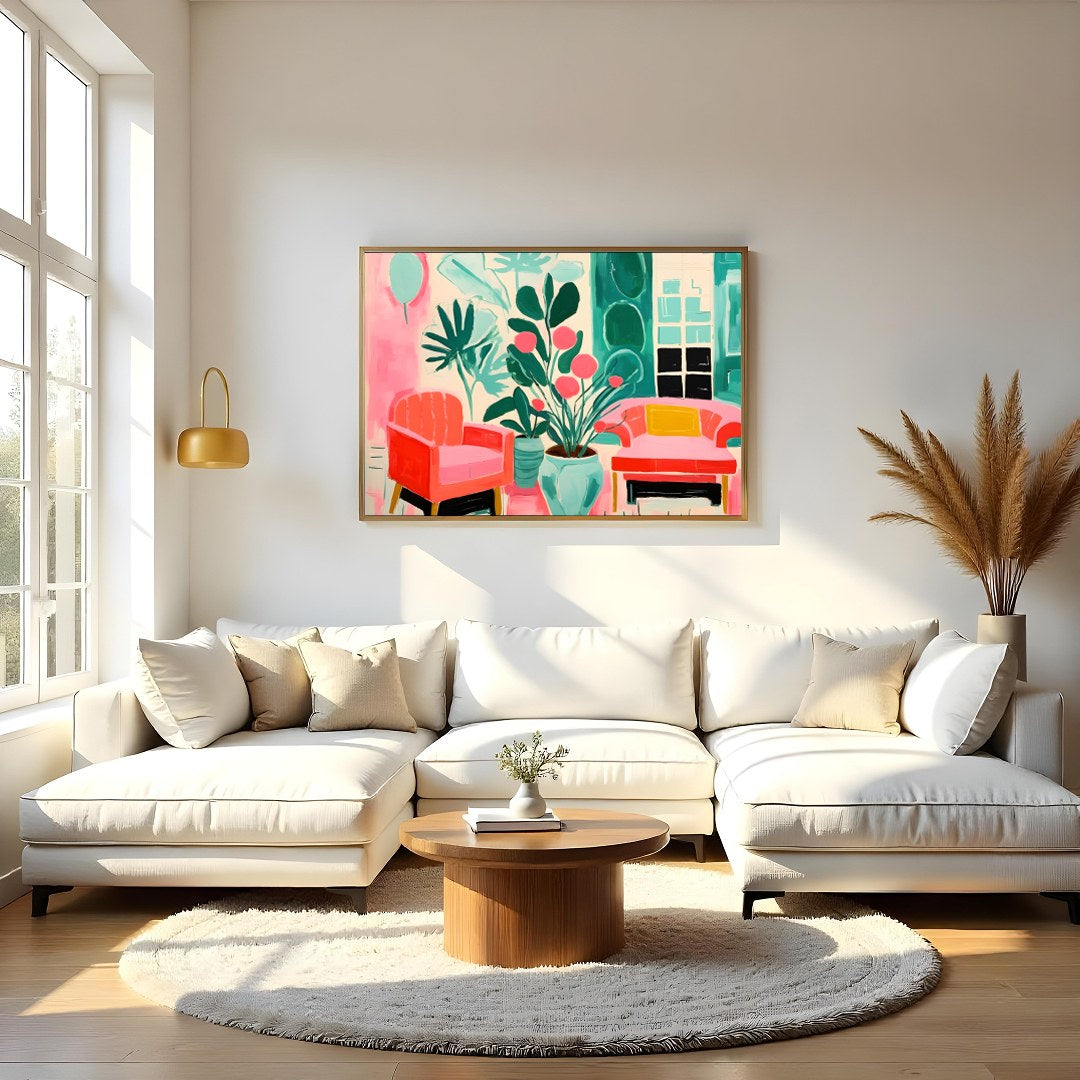 Immerse your space in vibrance with this striking piece featuring lush greenery and cozy seating for Living Room