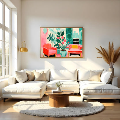 Immerse your space in vibrance with this striking piece featuring lush greenery and cozy seating for Living Room