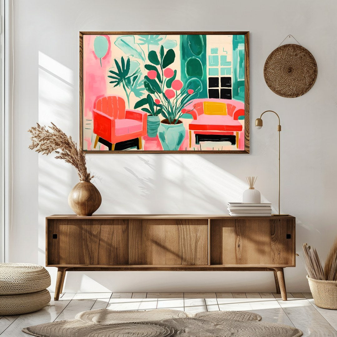 Immerse your space in vibrance with this striking piece featuring lush greenery and cozy seating for Sitting Area