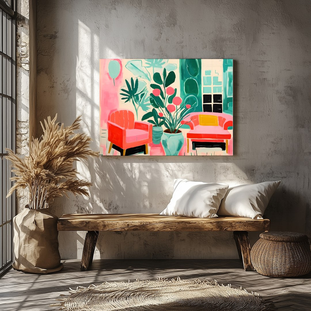 Immerse your space in vibrance with this striking piece featuring lush greenery and cozy seating for Veranda