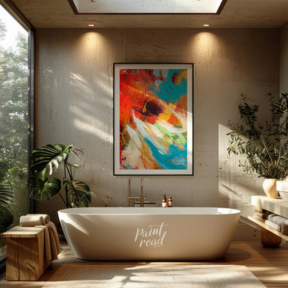 This abstract painting captures a dynamic interplay of colors and textures, creating a sense of mov… for bathroom