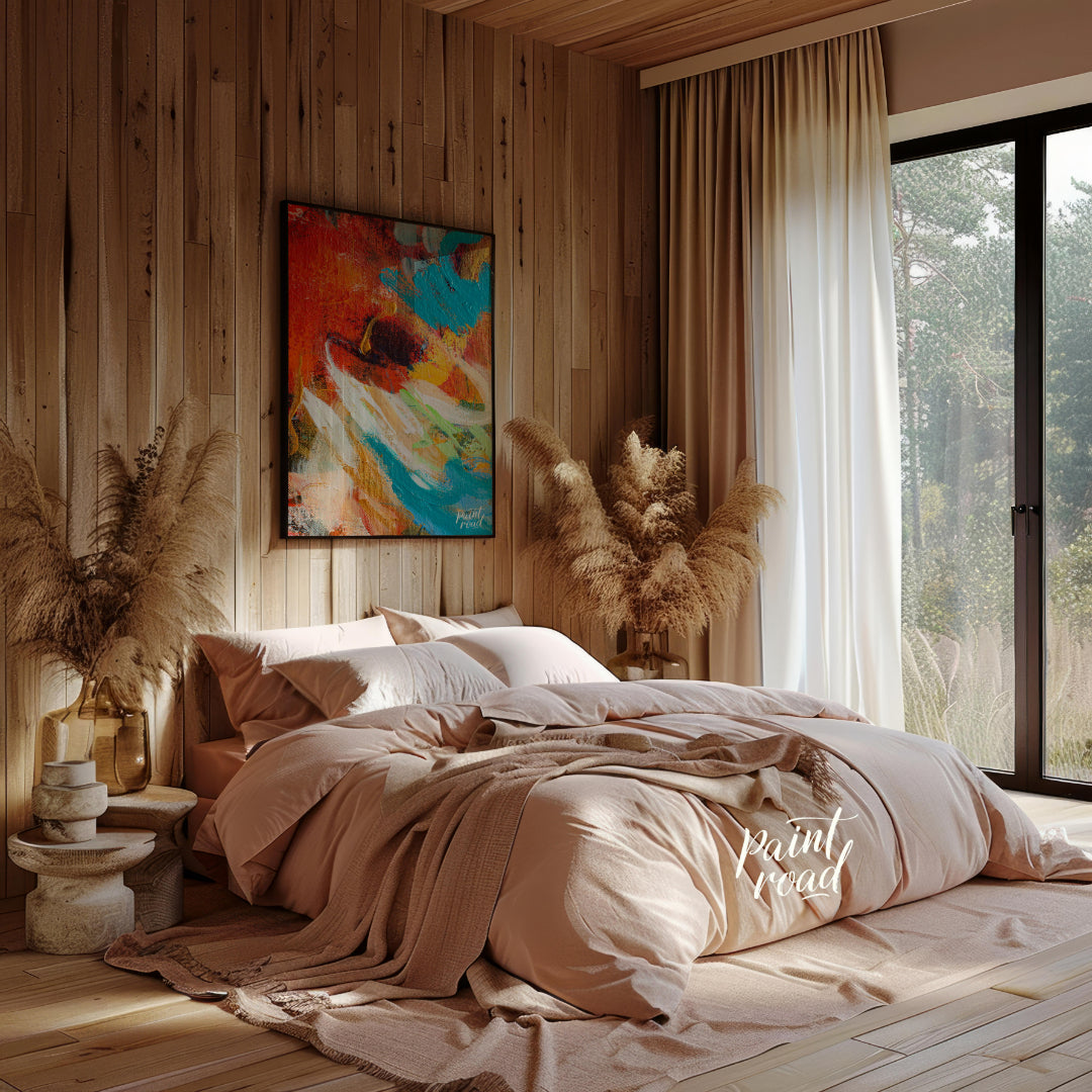 This abstract painting captures a dynamic interplay of colors and textures, creating a sense of mov… for bedroom