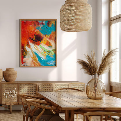 This abstract painting captures a dynamic interplay of colors and textures, creating a sense of mov… for dining room