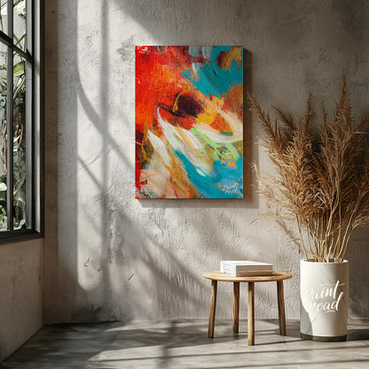 This abstract painting captures a dynamic interplay of colors and textures, creating a sense of mov… for entryway