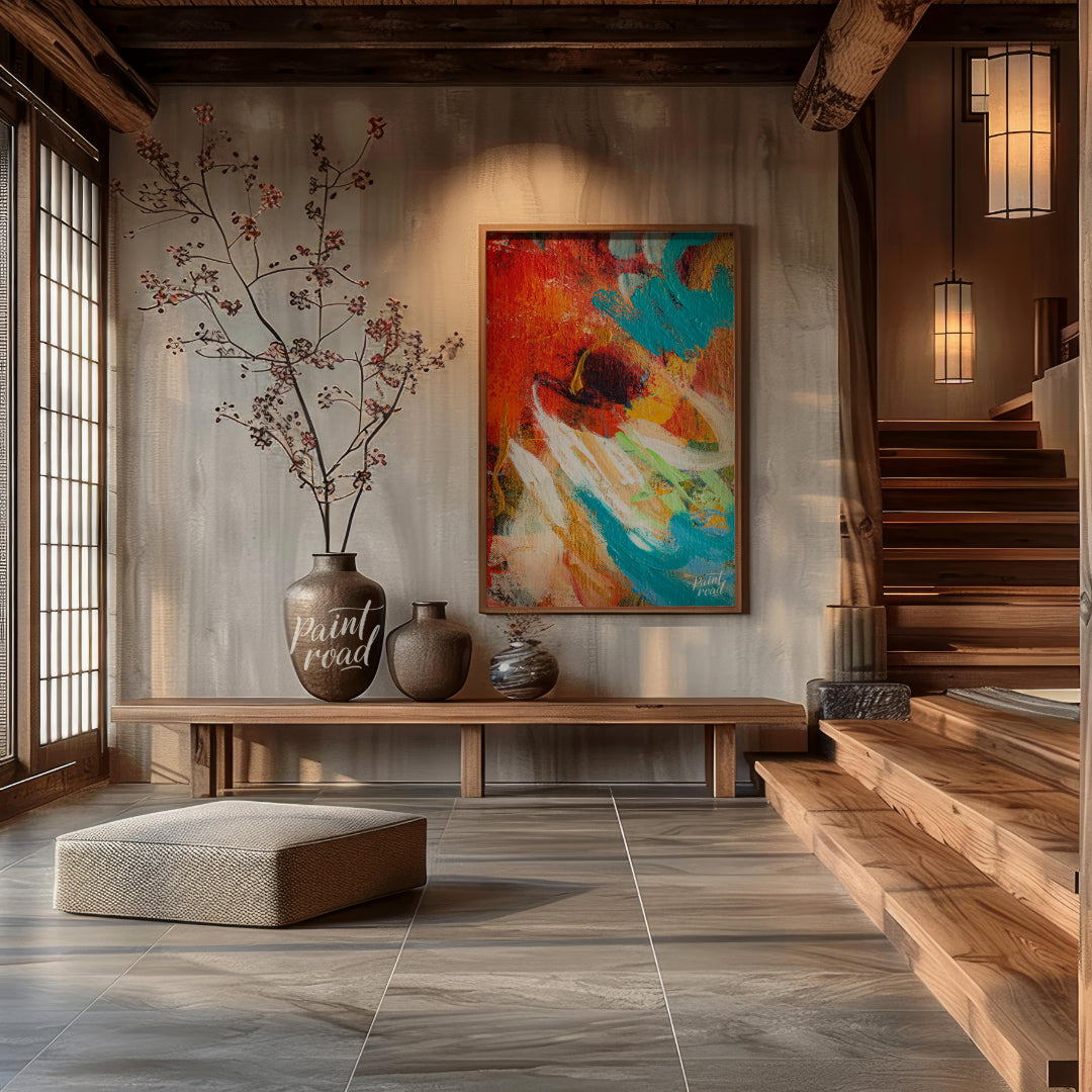 This abstract painting captures a dynamic interplay of colors and textures, creating a sense of mov… for entryway