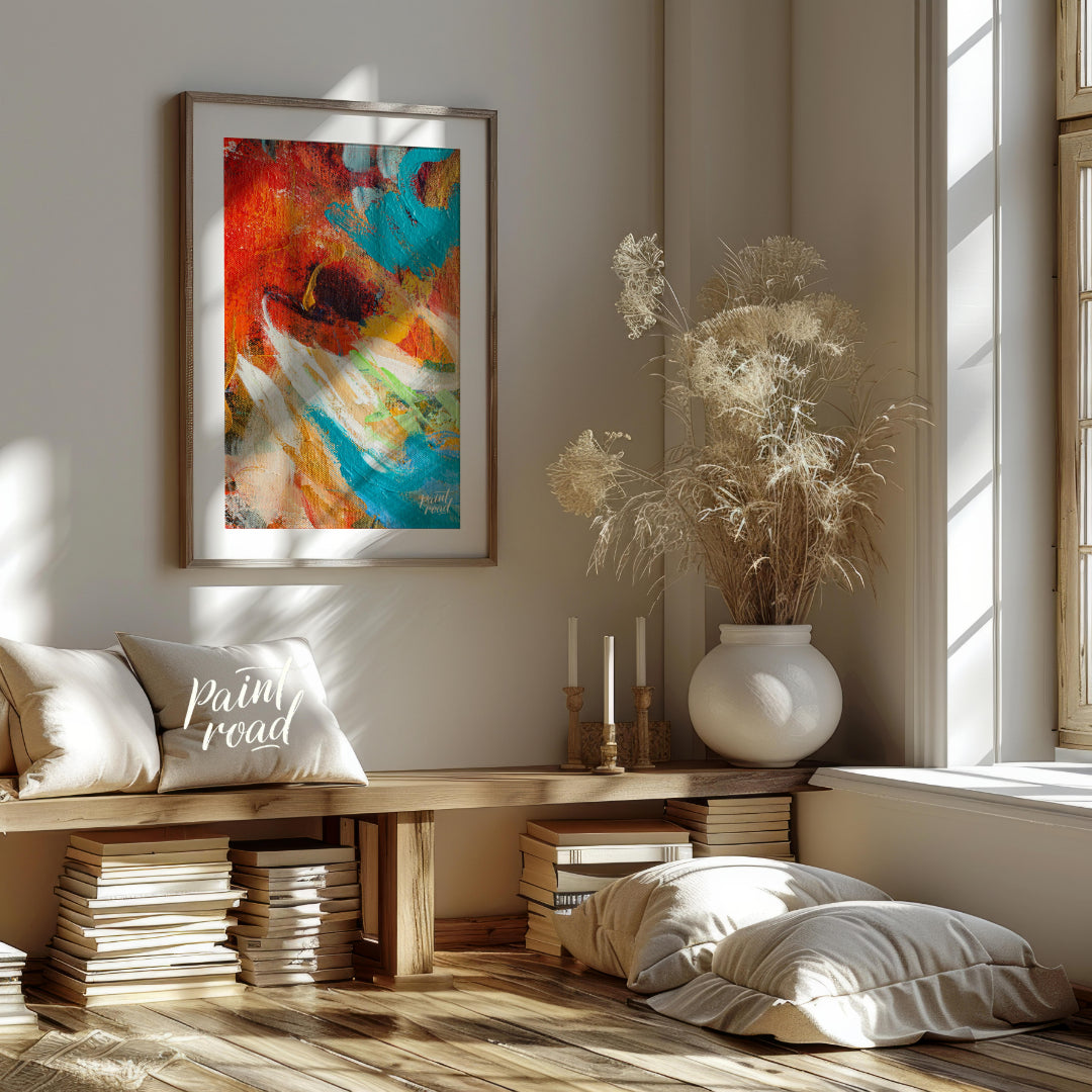 This abstract painting captures a dynamic interplay of colors and textures, creating a sense of mov… for living room