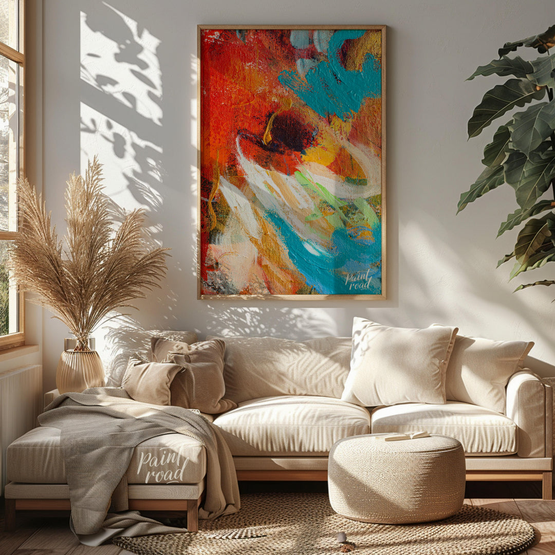 This abstract painting captures a dynamic interplay of colors and textures, creating a sense of mov… for living room