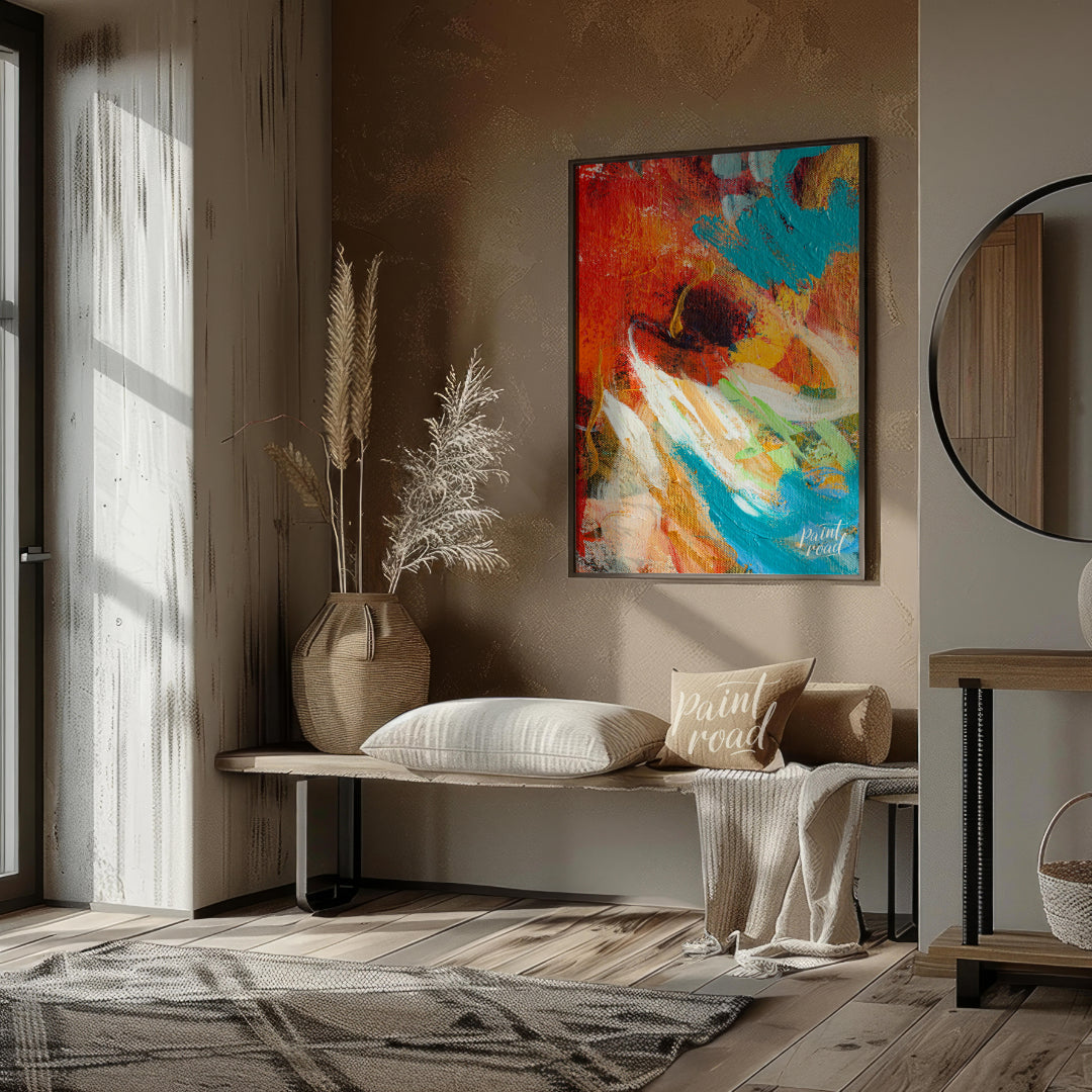 This abstract painting captures a dynamic interplay of colors and textures, creating a sense of mov… for living room