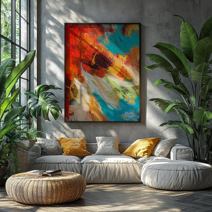 This abstract painting captures a dynamic interplay of colors and textures, creating a sense of mov… for living room